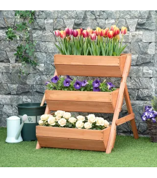 Jardinera de Madera de 3 Niveles Jardinera Elevada Exterior con Orificios de Drenaje 65x75x76 cm Marrón