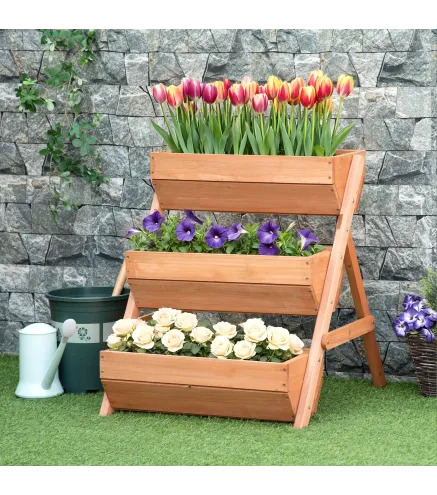 Jardinera de Madera de 3 Niveles Jardinera Elevada Exterior con Orificios de Drenaje 65x75x76 cm Marrón