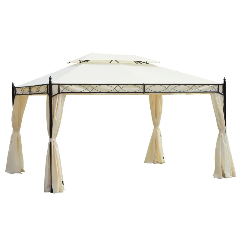 Cenador de Jardín 4x3m Pabellón con Techo Doble Transpirable y 4 Cortinas Laterales Extraíbles Carpa de Acero Anti-UV Gazebo par