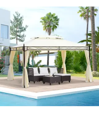 Cenador de Jardín 4x3m Pabellón con Techo Doble Transpirable y 4 Cortinas Laterales Extraíbles Carpa de Acero Anti-UV Gazebo par