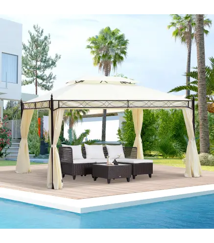 Cenador de Jardín 4x3m Pabellón con Techo Doble Transpirable y 4 Cortinas Laterales Extraíbles Carpa de Acero Anti-UV Gazebo par
