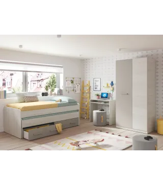 ARES PLUS Cama doble + 2 cajones con somier (colchones 190x90 - 180x90) Bl.Alpes/Basalto | Muebles kit