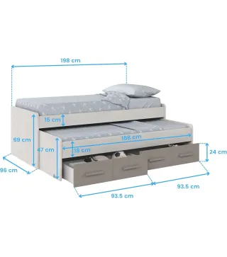 ARES PLUS Cama doble + 2 cajones con somier (colchones 190x90 - 180x90) Bl.Alpes/Basalto | Muebles kit