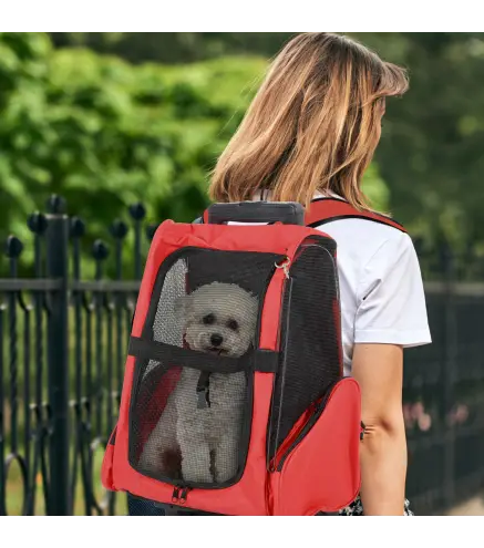 Transportin Carrito Perro 2 en 1 Mochila Carrito 42x25x55 cm Mascotas Perro Gato Rojo