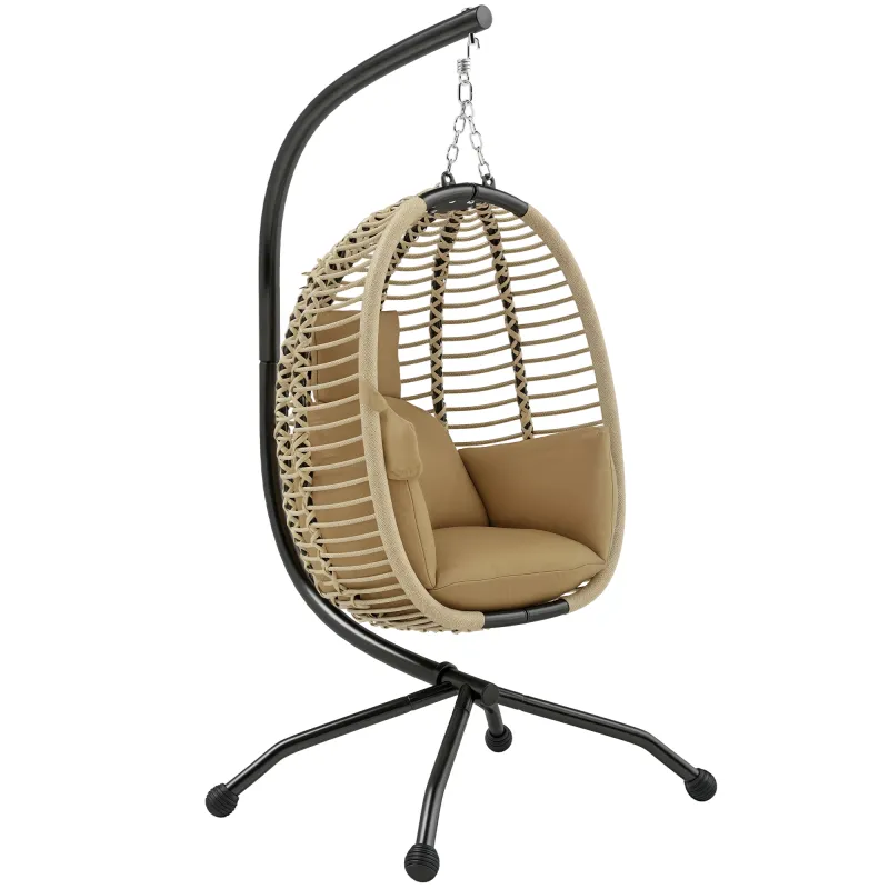Silla Colgante con Soporte Cesta Plegable Cojín y Reposacabezas para Interior y Exterior Carga 120 kg Beige