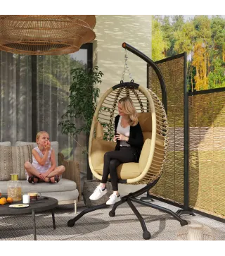 Silla Colgante con Soporte Cesta Plegable Cojín y Reposacabezas para Interior y Exterior Carga 120 kg Beige