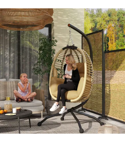 Silla Colgante con Soporte Cesta Plegable Cojín y Reposacabezas para Interior y Exterior Carga 120 kg Beige