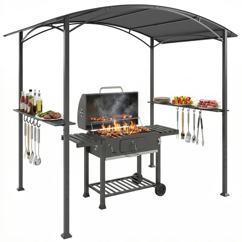 Cenador para Barbacoa de 2,4 x 1,5 m Cenador de Pérgola Exterior con 2 Estantes Laterales y Ganchos Gris Oscuro Cenador para Barbacoa de 2,4 x 1,5 m Cenador de Pérgola Exterior con 2 Estantes Laterales y Ganchos Gris Oscuro