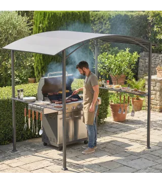 Cenador para Barbacoa de 2,4 x 1,5 m Cenador de Pérgola Exterior con 2 Estantes Laterales y Ganchos Gris Oscuro