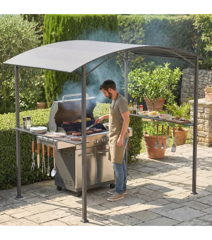 Cenador para Barbacoa de 2,4 x 1,5 m Cenador de Pérgola Exterior con 2 Estantes Laterales y Ganchos Gris Oscuro