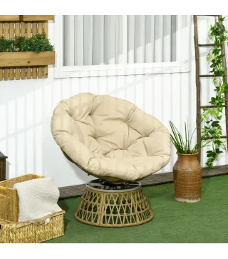 Sillón Papasan Giratorio de Ratán Sintético con Cojín Carga 120 kg para Exterior Jardín Terraza 85x70x82 cm Amarillo
