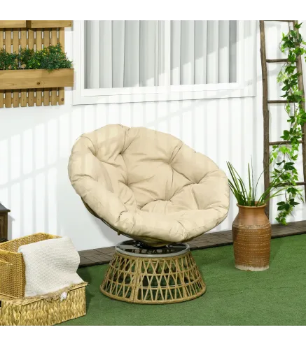 Sillón Papasan Giratorio de Ratán Sintético con Cojín Carga 120 kg para Exterior Jardín Terraza 85x70x82 cm Amarillo