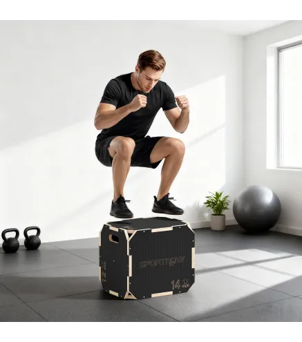 Cajón Pliométrico de Madera 3 en 1 con 3 Alturas Diferentes Asas sin Esquinas Entrenamiento de Salto 41x36x31 cm Negro