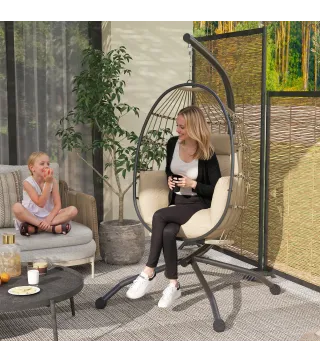 Silla Colgante con Soporte Cesta Plegable Cojín y Reposacabezas para Interior y Exterior Carga 120 kg Caqui