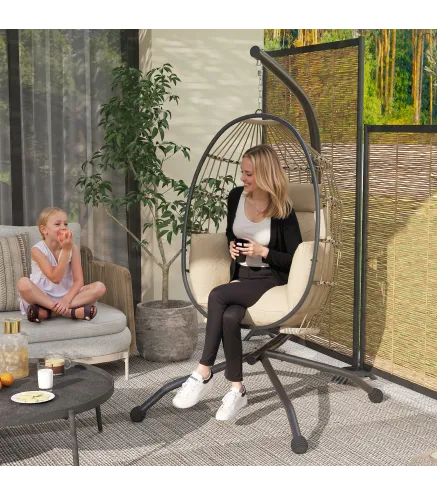 Silla Colgante con Soporte Cesta Plegable Cojín y Reposacabezas para Interior y Exterior Carga 120 kg Caqui