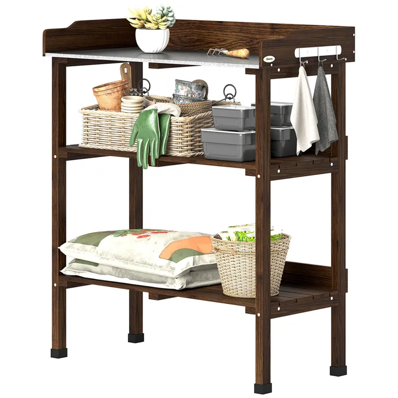 Mesa de Jardinería de Madera con Superficie Metálica Estantes y Ganchos para Jardín Terraza 76x37x89 cm Carbonizado