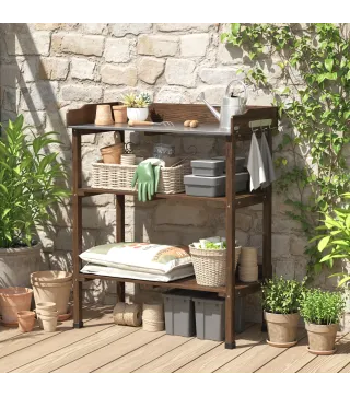Mesa de Jardinería de Madera con Superficie Metálica Estantes y Ganchos para Jardín Terraza 76x37x89 cm Carbonizado
