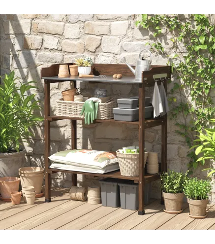 Mesa de Jardinería de Madera con Superficie Metálica Estantes y Ganchos para Jardín Terraza 76x37x89 cm Carbonizado