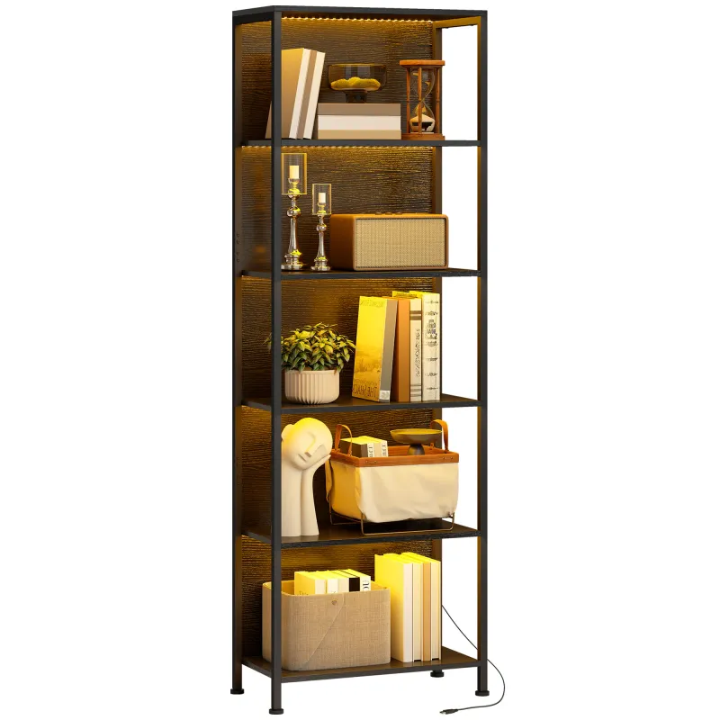 Librería de 5 Niveles con Luces LED de 7 Colores Estantería para Libros 60x30x179 cm Estantería Industrial Negro