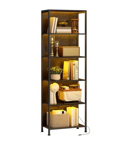 Librería de 5 Niveles con Luces LED de 7 Colores Estantería para Libros 60x30x179 cm Estantería Industrial Negro