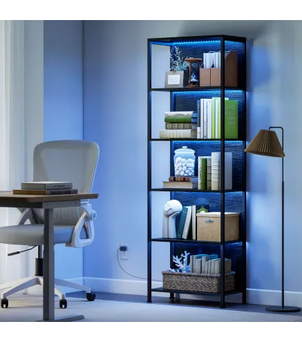 Librería de 5 Niveles con Luces LED de 7 Colores Estantería para Libros 60x30x179 cm Estantería Industrial Negro