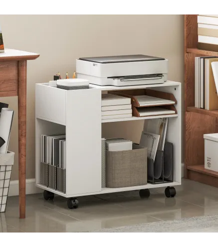 Mueble para Impresora con Ruedas Compartimentos Superiores Estantes Abiertos 70x36x60 cm Blanco