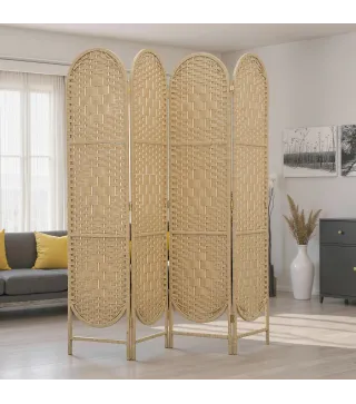 Biombo Separador de Ambientes 4 Paneles 160x170 cm con Parte Superior Arqueada Tejido a Mano Divisor Plegable Natural