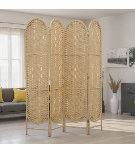 Biombo Separador de Ambientes 4 Paneles 160x170 cm con Parte Superior Arqueada Tejido a Mano Divisor Plegable Natural