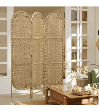 Biombo Separador de Ambientes 3 Paneles 120x170 cm con Parte Superior Arqueada Tejido a Mano Divisor Plegable Natural