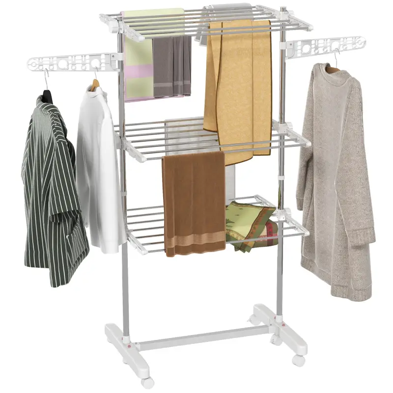 Tendedero Vertical Plegable Tendedero de Ropa con 6 Ruedas 2 Laterales Abatibles Estantes Ajustables y Marco de Acero Inoxidable Tendedero Vertical Plegable Tendedero de Ropa con 6 Ruedas 2 Laterales Abatibles Estantes Ajustables y Marco de Acero Inoxidable