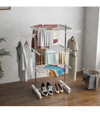 Tendedero Vertical Plegable Tendedero de Ropa con 6 Ruedas 2 Laterales Abatibles Estantes Ajustables y Marco de Acero In