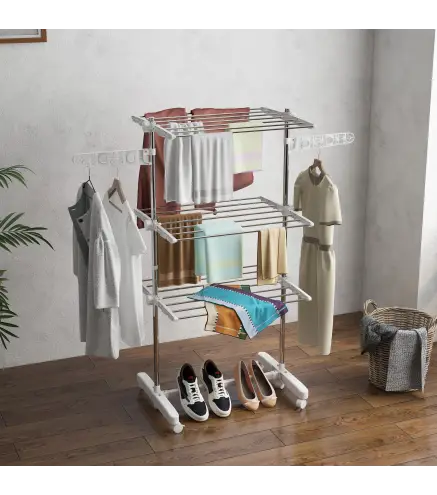 Tendedero Vertical Plegable Tendedero de Ropa con 6 Ruedas 2 Laterales Abatibles Estantes Ajustables y Marco de Acero Inoxidable