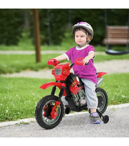 Moto Electrica Infantil Bateria 6V Recargable Niños 3+ Años Cargador y Ruedas Apoyo 102x53x66 cm Color Rojo