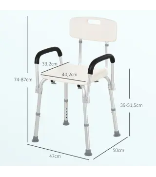 Silla de Ducha para Personas Mayores con Respaldo Altura Regulable Antideslizante y Apoyabrazos Carga 136 kg