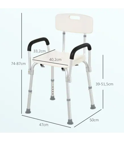 Silla de Ducha para Personas Mayores con Respaldo Altura Regulable Antideslizante y Apoyabrazos Carga 136 kg