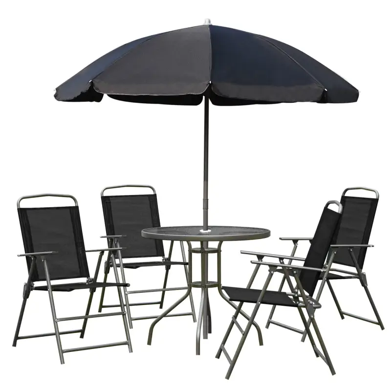Conjunto de Muebles para Jardín con 4 Sillas 1 Mesa y 1 Parasol Texteline Aluminio y Poliéster Negro