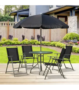 Conjunto de Muebles para Jardín con 4 Sillas 1 Mesa y 1 Parasol Texteline Aluminio y Poliéster Negro