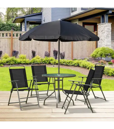 Conjunto de Muebles para Jardín con 4 Sillas 1 Mesa y 1 Parasol Texteline Aluminio y Poliéster Negro