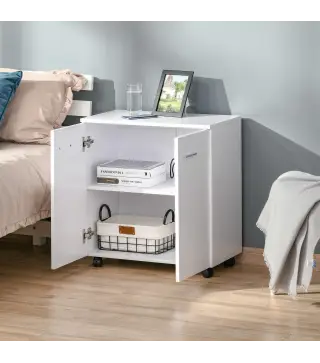 Mesa Armario Movil Mueble TV de Madera Con Ruedas y 2 Puertas Consola Cajonera 60x35x65cm