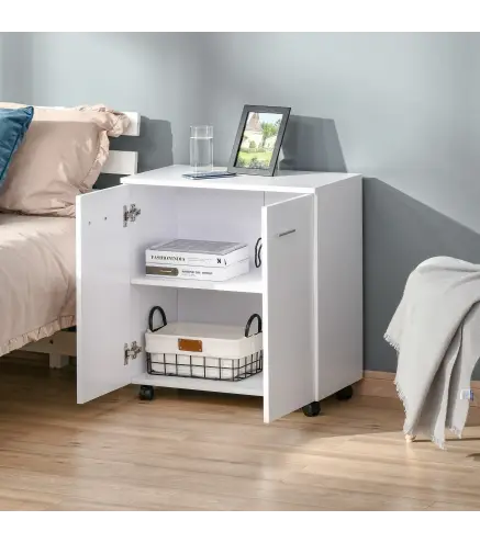 Mesa Armario Movil Mueble TV de Madera Con Ruedas y 2 Puertas Consola Cajonera 60x35x65cm