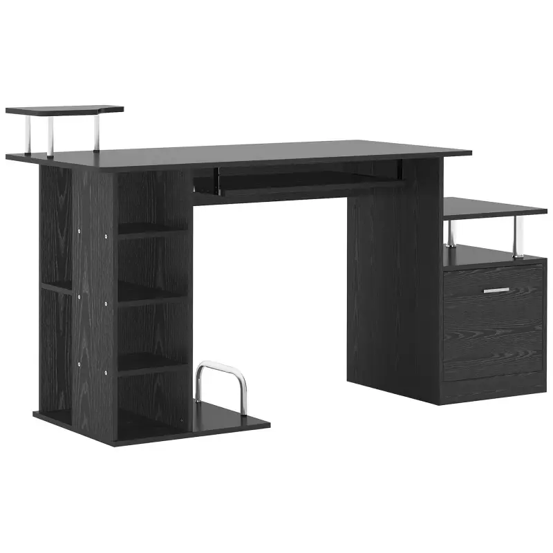 Mesa de Escritorio con 6 Estantes Cajón Bandeja de Teclado y Soportes para Monitor Impresora 152x60x88 cm Negro