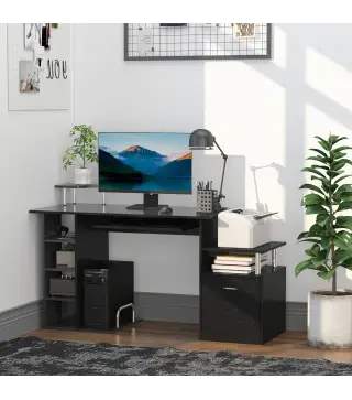 Mesa de Escritorio con 6 Estantes Cajón Bandeja de Teclado y Soportes para Monitor Impresora 152x60x88 cm Negro