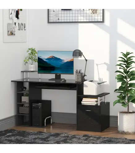 Mesa de Escritorio con 6 Estantes Cajón Bandeja de Teclado y Soportes para Monitor Impresora 152x60x88 cm Negro