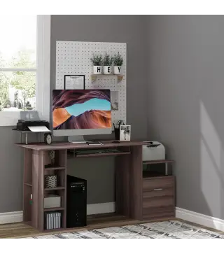 Mesa de Ordenador 120 cm Mesa de Escritorio con Múltiples Estantes Cajón Bandeja de Teclado 152x60x88 cm Marrón