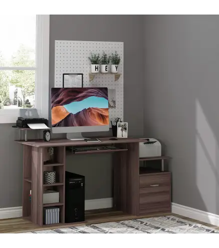 Mesa de Ordenador 120 cm Mesa de Escritorio con Múltiples Estantes Cajón Bandeja de Teclado 152x60x88 cm Marrón