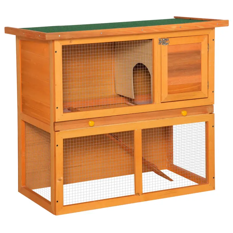 Conejera de Madera 90x45x80 cm Jaula para Conejos Jaula para Cobaya con Corral de Metal Techo Asfáltico Bandeja Extraíble y Ramp