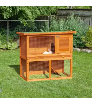 Conejera de Madera 90x45x80 cm Jaula para Conejos Jaula para Cobaya con Corral de Metal Techo Asfáltico Bandeja Extraíble y Ramp