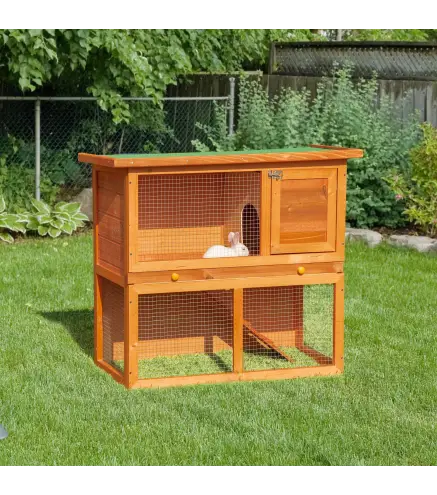 Conejera de Madera 90x45x80 cm Jaula para Conejos Jaula para Cobaya con Corral de Metal Techo Asfáltico Bandeja Extraíble y Ramp