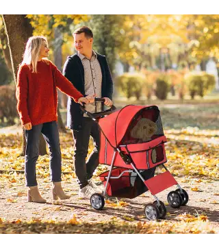 Carrito para Perros Pequeños con Toldo Ajustable Cesta de Almacenaje Portavasos y 2 Ruedas Universales 75x45x97 cm Rojo