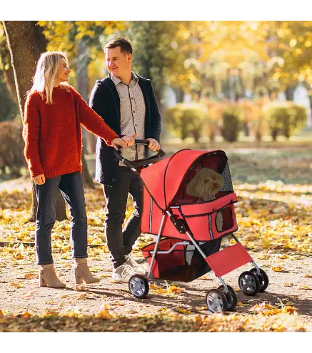 Carrito para Perros Pequeños con Toldo Ajustable Cesta de Almacenaje Portavasos y 2 Ruedas Universales 75x45x97 cm Rojo
